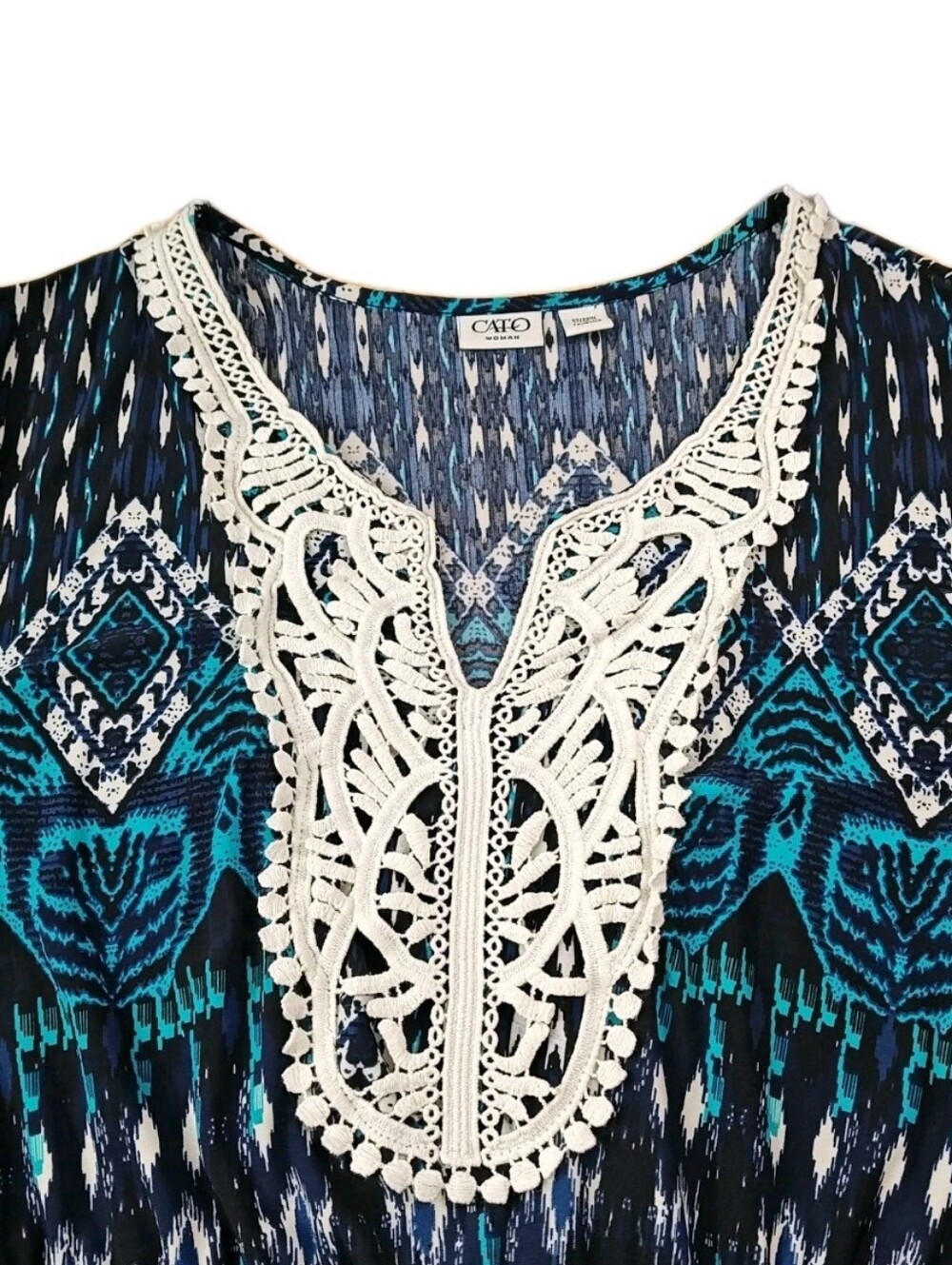 Cato Batwing Sleeve Cover-up Crochet V-Neck Midi Dress Blue Turquoise Tribal - Picture 3 of 10
